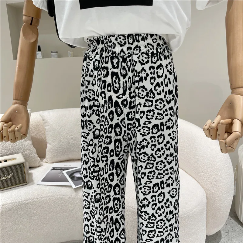 

Women 2021 Niche Design Fashion Straight Leg Floor Dragging Pants High Waist Elastic Split Casual Pants Leopard Wide Leg Pants