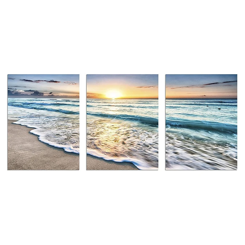 

3 Panel Beach Canvas Wall Art for Home Decor Blue Sea Sunset White Beach Painting the Picture Print on Canvas Seascape