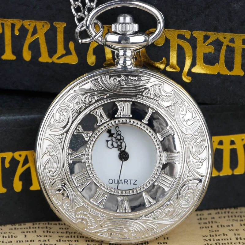 

Vintage Silver Pocket Watches Quartz Necklace Pocket & Fob Chain Watches Unisex Clock for Men Women