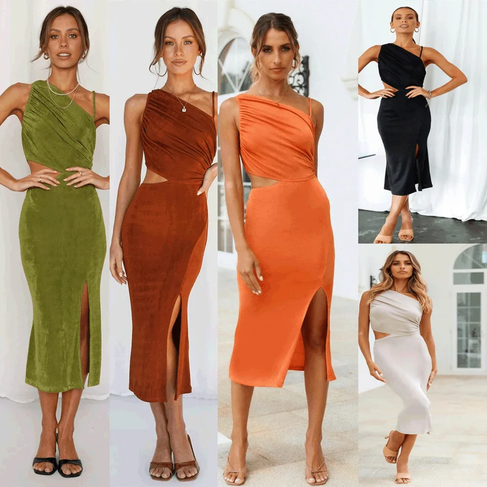 

Sexy Slim Hollow Out Summer Dress 2021 New One-Shoulder Strap Solid Color Stretch Knitted Mid-length Split Dresses Bodycon Dress