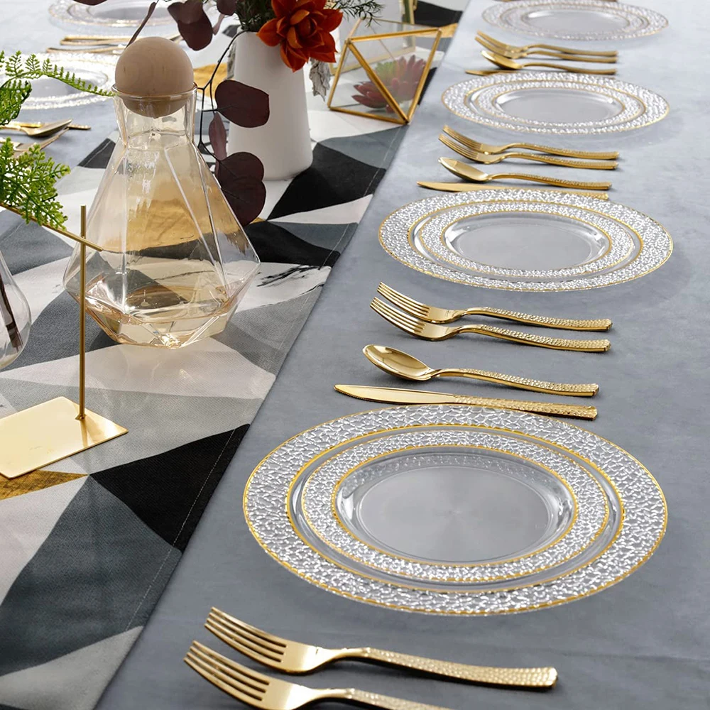 

60 Pieces of Disposable Tableware Transparent Golden Plastic Tray With Golden Silverware Set Birthday Wedding Party Supplies