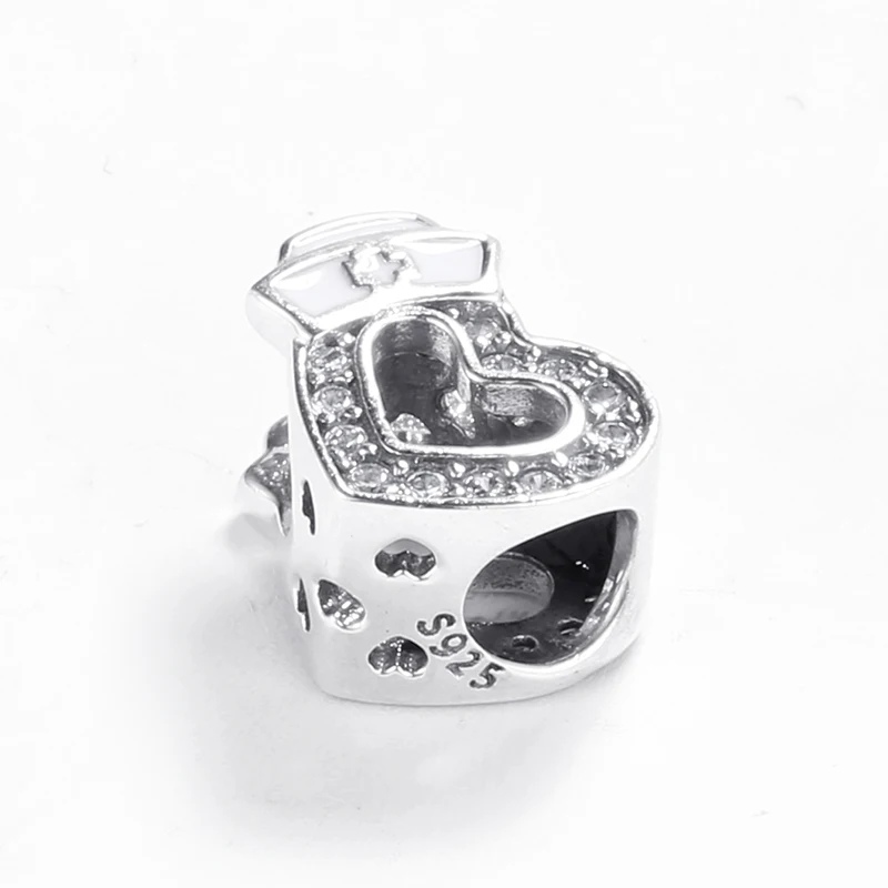 100% 925 пробы серебряные шармы медсестры в форме сердца сверкающие CZ бусины