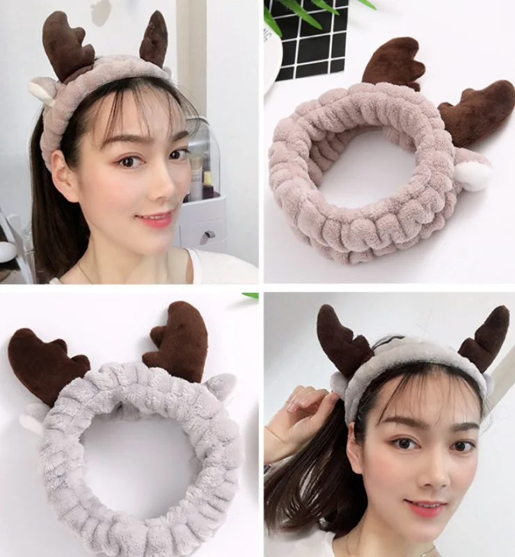 Cute Spa Bath Shower Makeup Wash Face Bow Headband Coral Fleece Hair Band Christmas Antler Headbands | Дом и сад