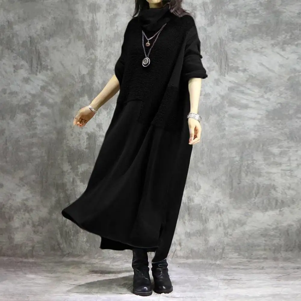 

Women Dresses Autumn Turtleneck Long Sleeve Patchwork Plush Irregular Hem Maxi Dress Elegant Street Style Vintage Clothes 2021