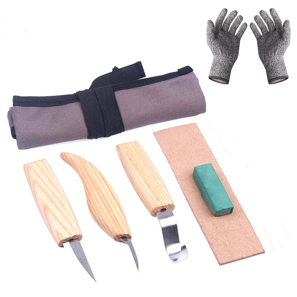 

6pcs High Manganese Steel Wooden Carving Tools Cutter Spoon Sharpen Leather Polishing Wax w/ Cut-proof Gloves Woodworking Craft
