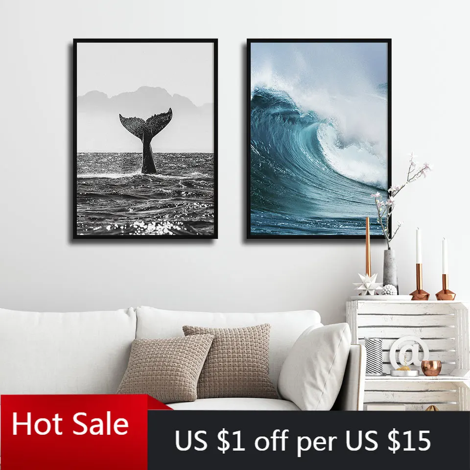 Плакат для фотосъемки черно-белый морская волна холст живопись Кит настенный