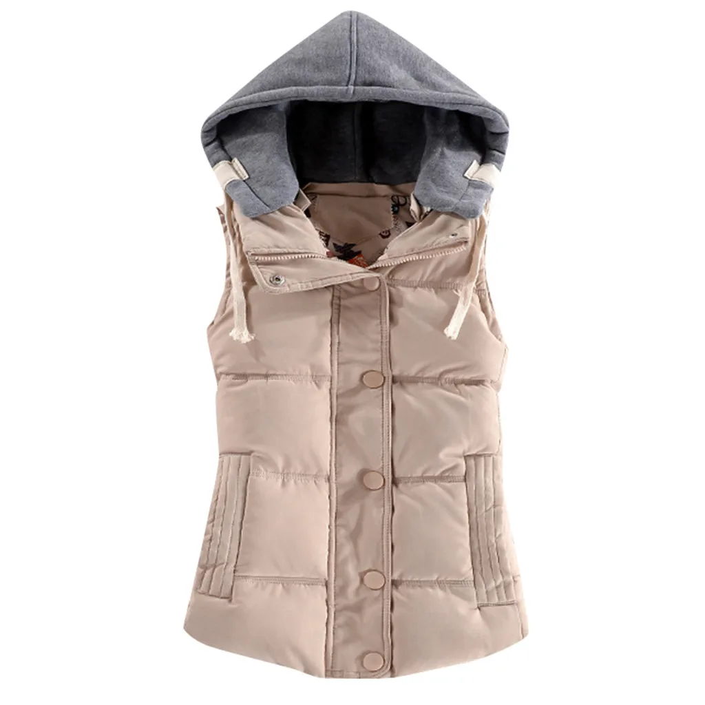 Plus Size Hooded Vest Coat Women Autumn Winter Warm Cotton Solid Button Waistcoat Windproof Female Sleeveless Slim 2019 | Женская одежда