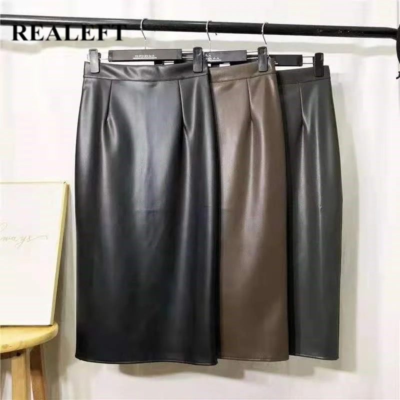 

FAKUNTN 2021 New Autumn Winter PU Faxu Leather Women Mi-long Wrap Skirts High Waist Back Split Sheath Pencil Sexy Skirt Female