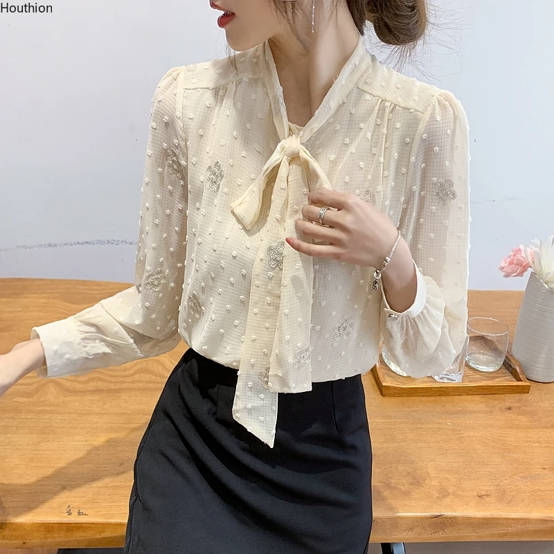 

Silk Women's Blouses Fashion Casual Bow Regular Shirt New Korean Style Solid Blouse Long Sleeved Top Houthion