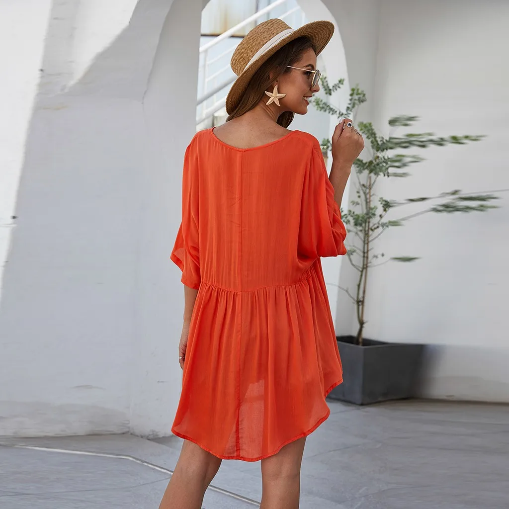 Fashion Women V-Neck Half Sleeve Solid Casual Mini Dress Beach Black White Orange Summer skirt with sleeves | Женская одежда