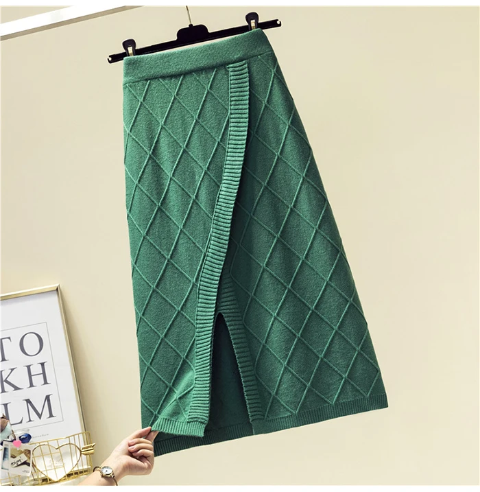 TIGENA Fashion Split Knitted Midi Skirt Women Autumn Winter Korean Warm A-line High Waist Knee Length Skirt Female Ladies