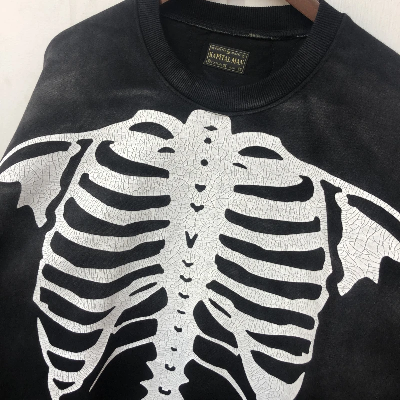 Толстовка Мужская/Женская Черная/коричневая с круглым вырезом и принтом скелета