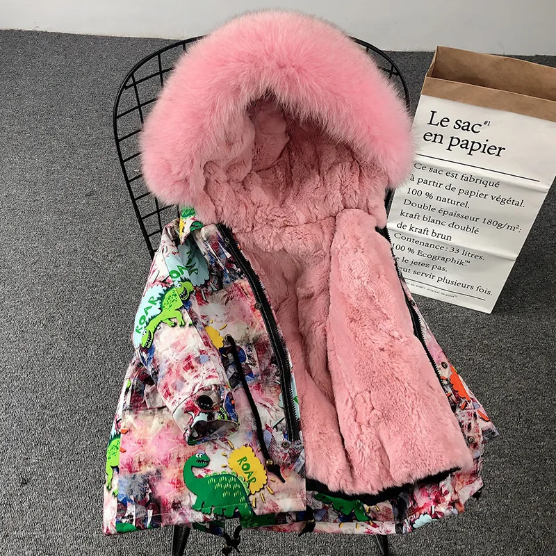 Style2 Pink Меховые парки для русской зимы для мальчиков и девочек Съемный натуральный мех кролика Подкладка Толстая детская зимняя куртка пальто с капюшоном из натурального меха енота - Цвет: Style2 Pink