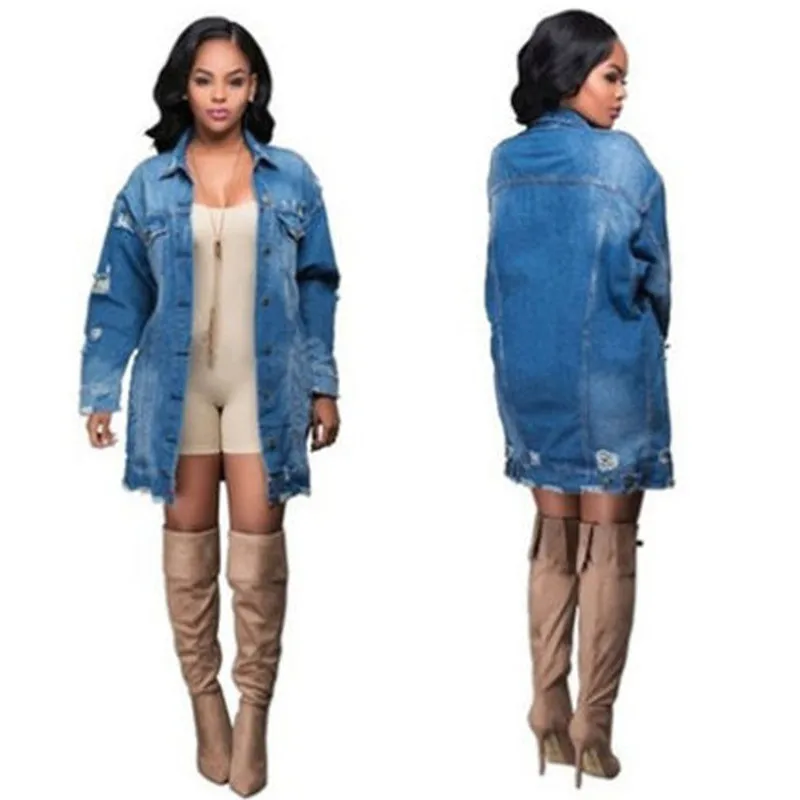 Женская длинная джинсовая куртка Modis Готическая рваная синяя плащ с дырками