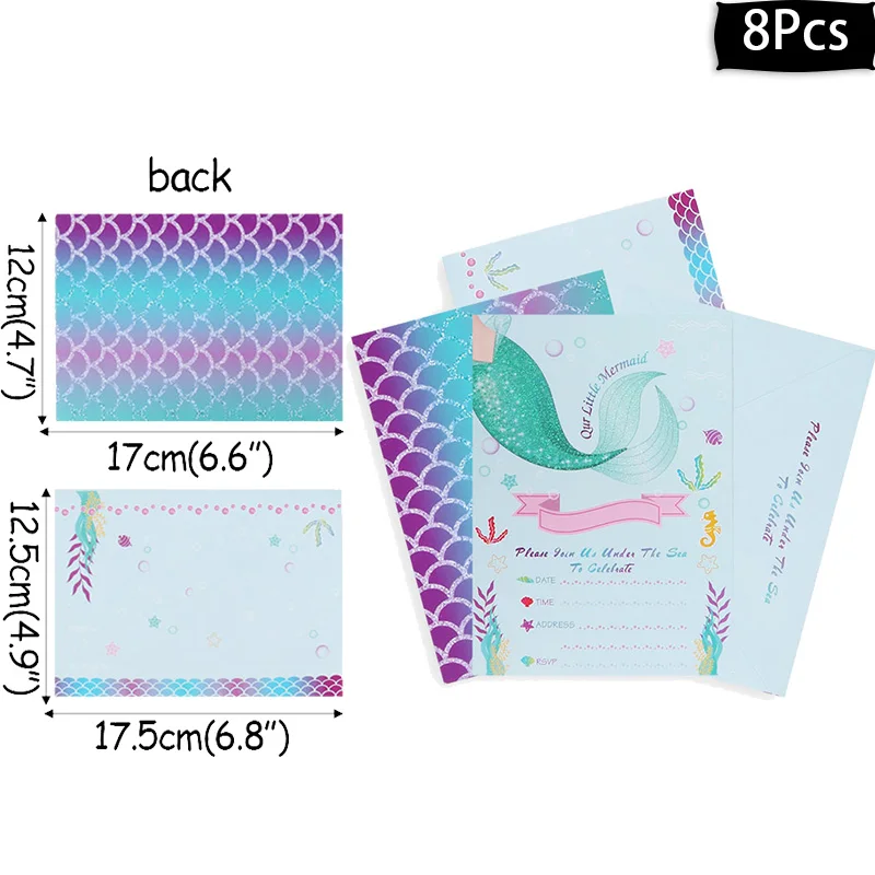 8pcs invite card WEIGAO Русалочка, вечерние, декоративные, Русалочка, на день рождения, одноразовый набор столовых приборов под морем, для девочек, для первого дня рождения - Цвет: 8pcs invite card