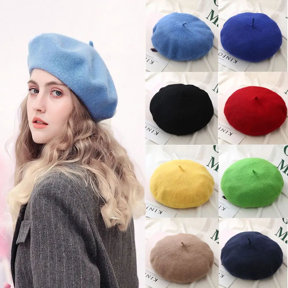 

Women Girl Beret French Artist Warm Wool Winter Beanie Hat Cap Vintage Plain Beret Hats Solid Color Elegant Lady Winter Caps