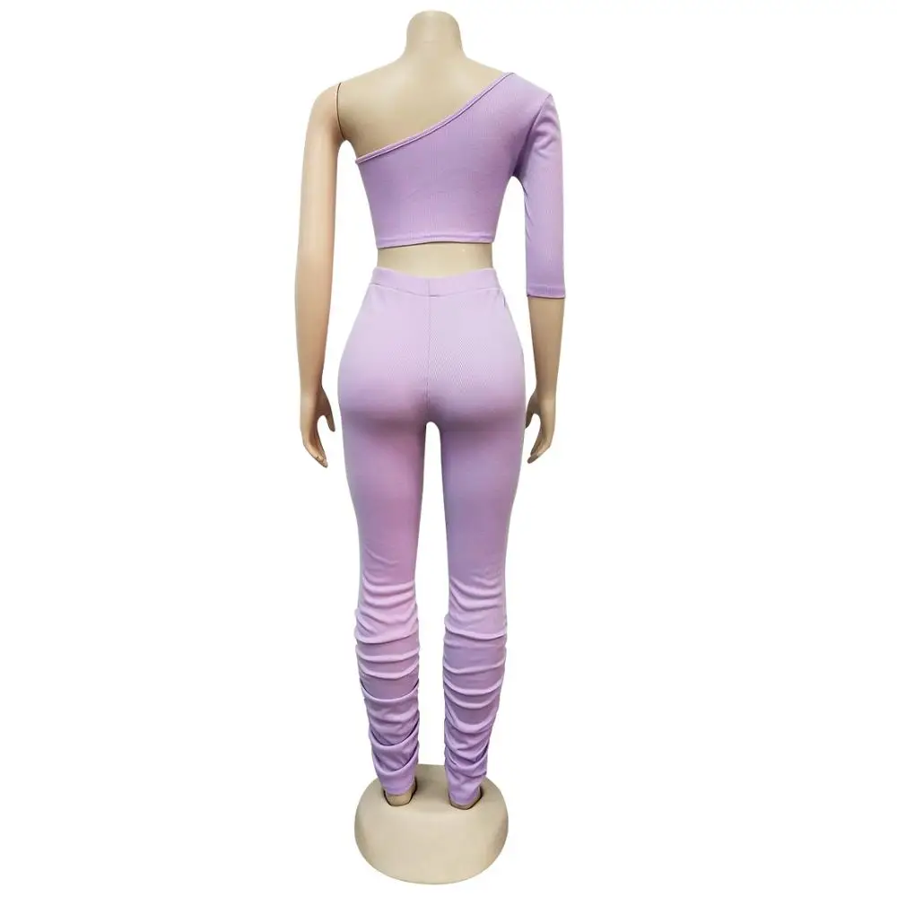 

Home leisure pure color hollowed-out single sleeve ladies two-piece set