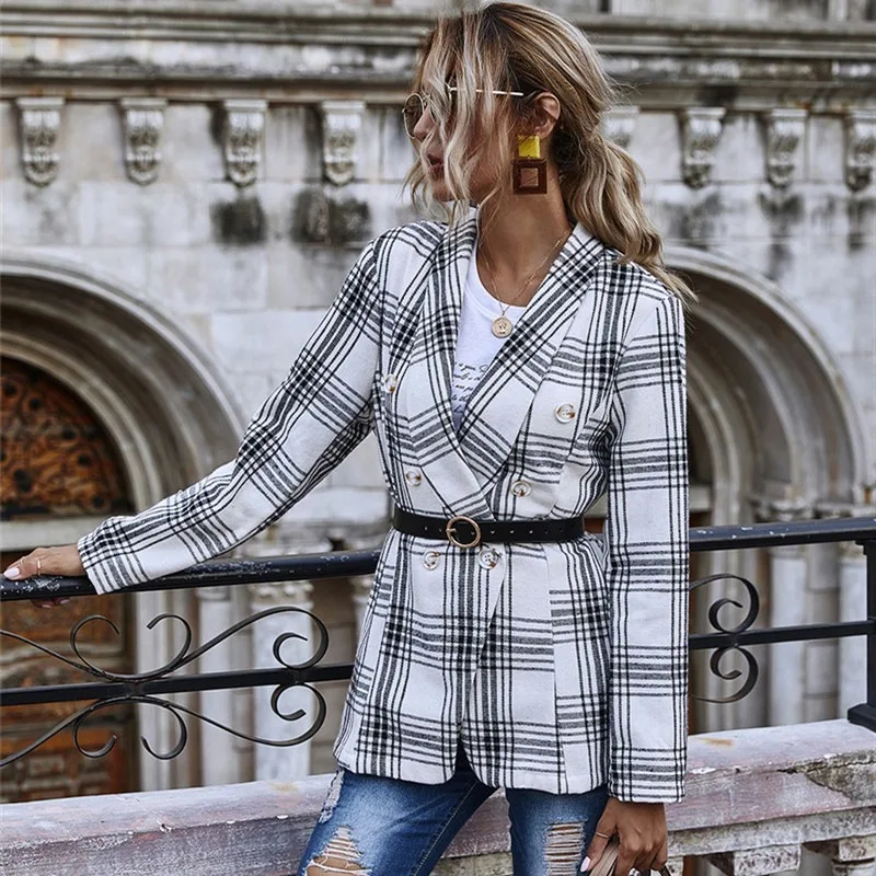 

Женский офисный блейзер в клетку, элегантный двубортный Блейзер, деловая одежда, 2021