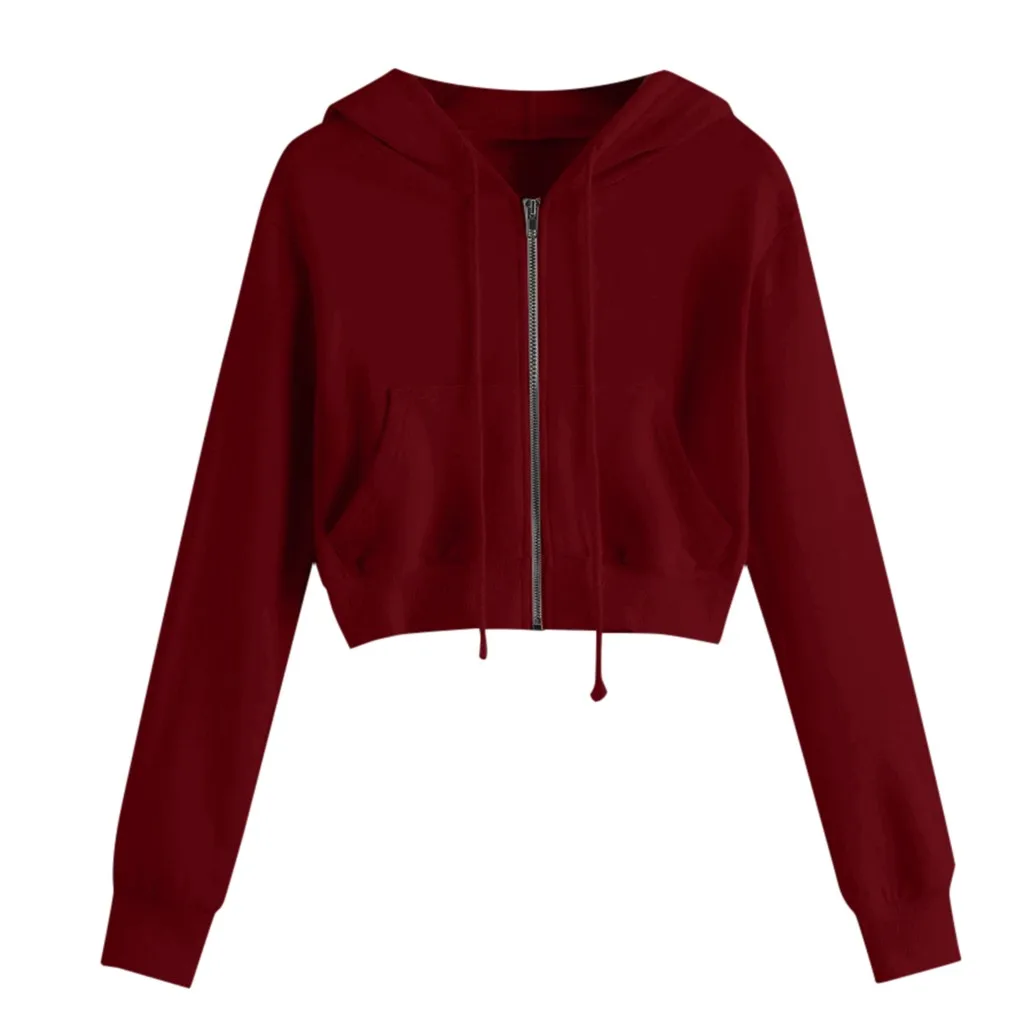 

Hoody Women Casual Solid Long Sleeve Zipper Pocket Hooded Sweatshirt cropped Tops Drawstring Jumper Pullover Sudadera Hoodie