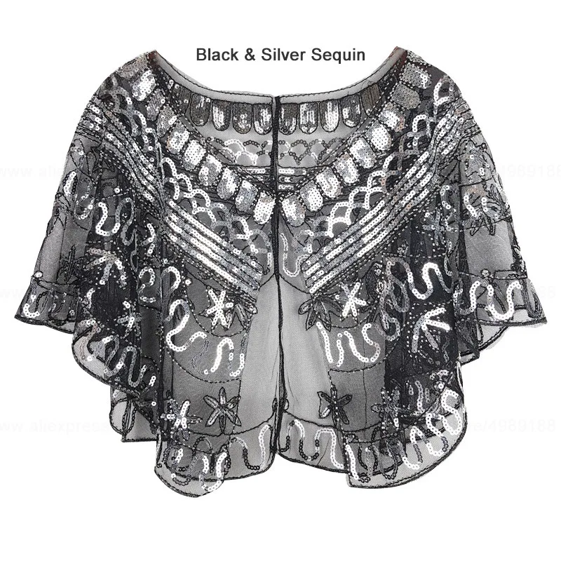 Silver Shawl -B Винтажная черная сетка 1920s& блестки Хлопушка капель розовый/бежевый/Абрикосовый/розовый - Цвет: Silver Shawl -B