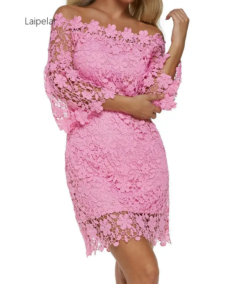 

2020 Women Mini Dress Summer Sexy Patchwork Lace Solid Off Shoulder Slash Neck Flare Sleeve Party Dresses Elegant Vestido