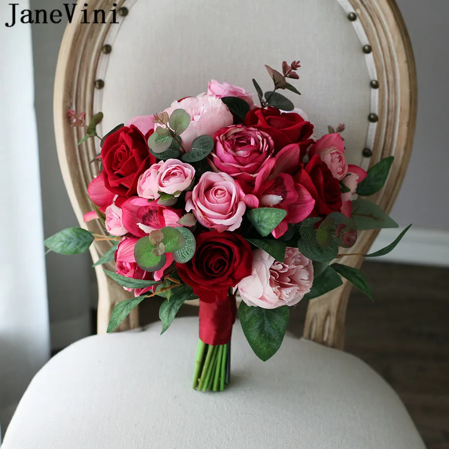 

JaneVini Vintage Red Rose Artificielle Wedding Flowers Bridal Bouquets Artificial Pink Peony Bride Bouquet Ramo Flores Novia