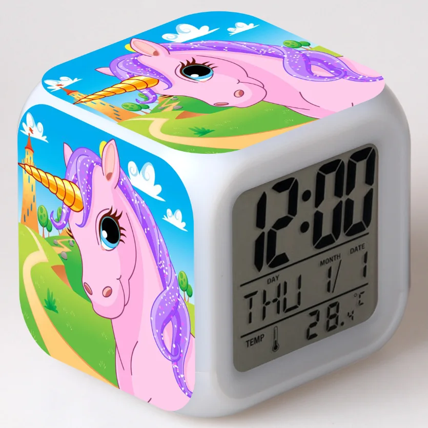 

Kids Cute Cartoon Unicorn alarm clock Kids LED Clock Cartoon night light Flash 7 Color changing digital clock electronic desk