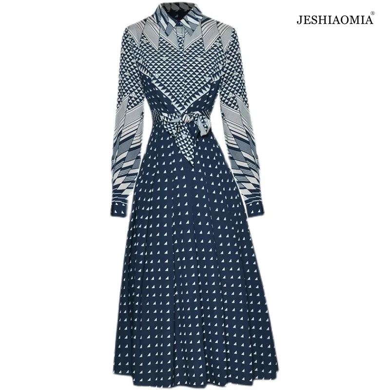 

JESHIAOMIA- 2021 Autumn Spread Collar Geometric Print Pleated Midi Dress