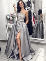 gray prom dresses a line one shoulder appliques beaded slit sexy long prom gown evening dresses robe de soiree
