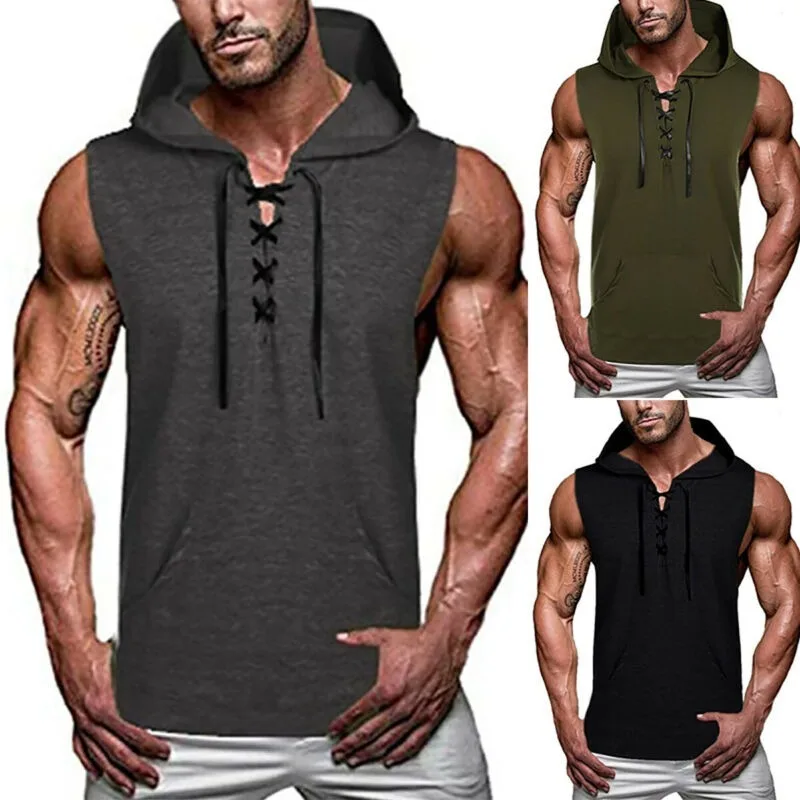 

Men Gym Sports Workout Hoodies Sweatshirt Muscle Tee Hooded Tank T-Shirts Top