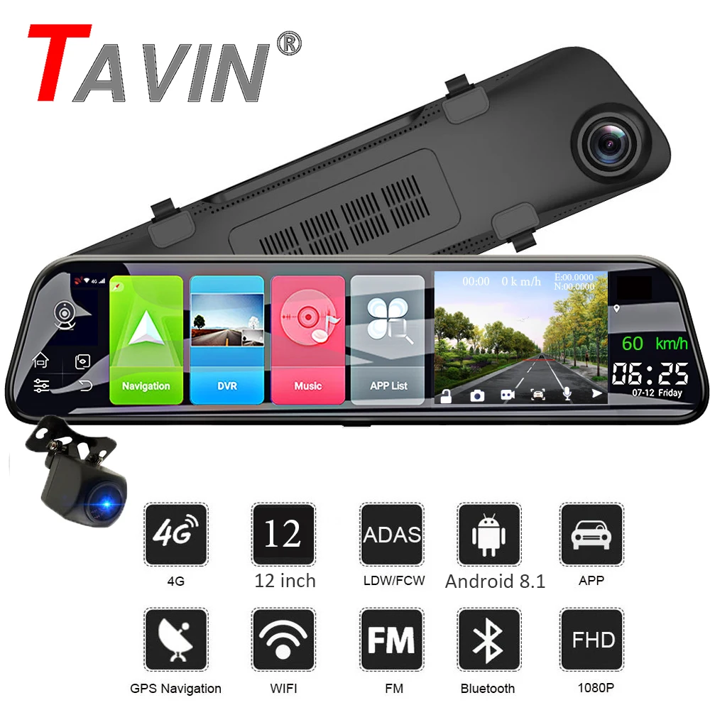 TAVIN 4G WIFI DVR Android 8 1 камера 12 дюймов 1080P сенсорный экран видеорегистратор заднего
