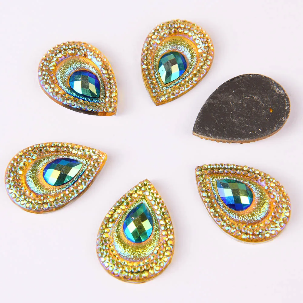 

BOLIAO 20Pcs 17mm*24mm Water Drop Shape Resin Peacock Eyes Flat Back Glue on Bags/Wedding Dress Decoration Craft DIY R263