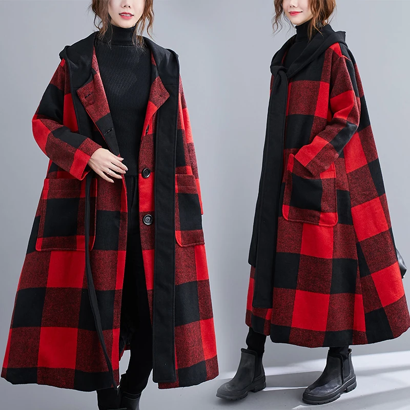 

Vintage Woolen Coat Women Clothing 2022 New Autumn Winter Jackets Overcoats Hooded Plaid Loose Long Wool Coat D524
