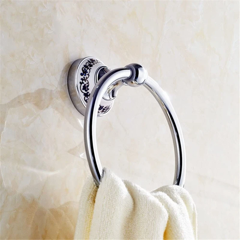 

Stainless Steel Ring Wall Mount Chrome Towel Ring,Towel Holder, Blue and White Porcelain Towel Bar Bathroom Accessories