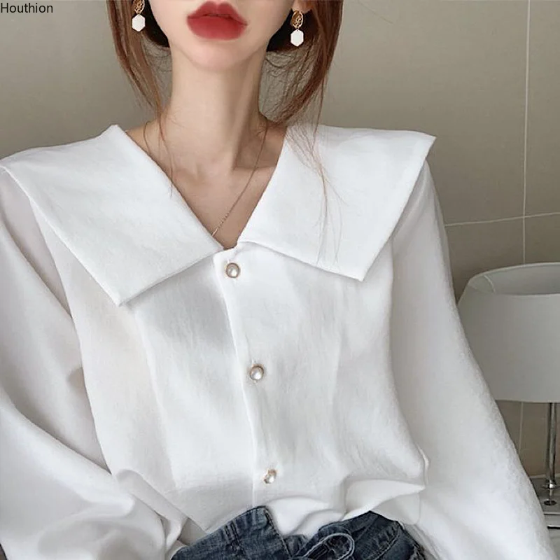 

Houthion New Women's Blouse Fashion Tops Pure Color Stitching Casual Shirt Korean Long Sleeve Turn-down Collar Cotton
