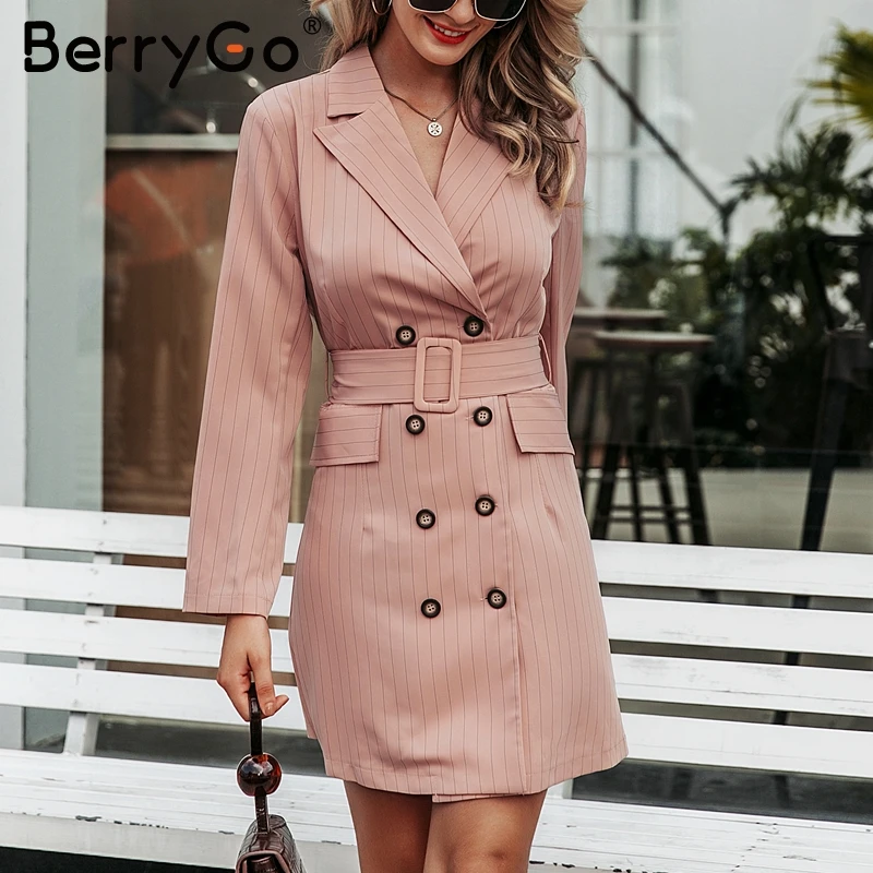 BerryGo элегантное Полосатое женское платье-Блейзер Осень-зима двубортное платье