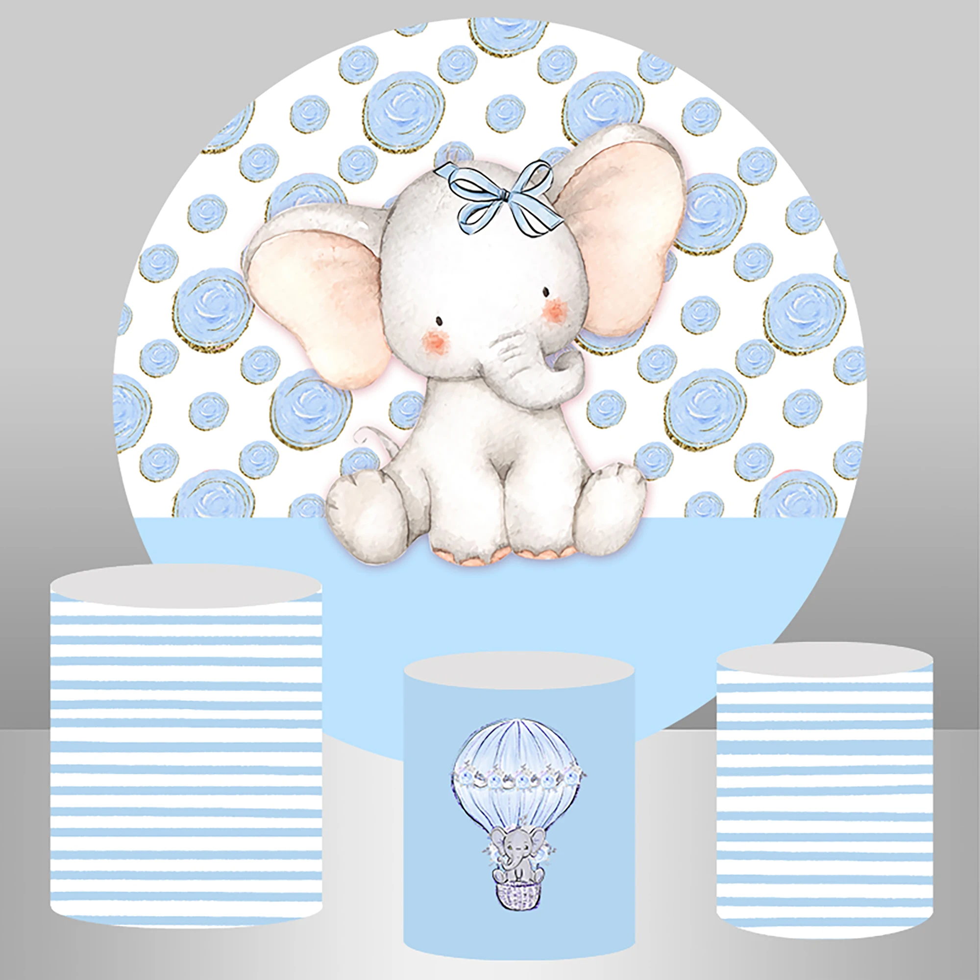 

Baby Elephant Round Backdrop Cover Elastic Blue Boy Birthday Party Decoration Banner Cake Table Cover Photo Background Photocall