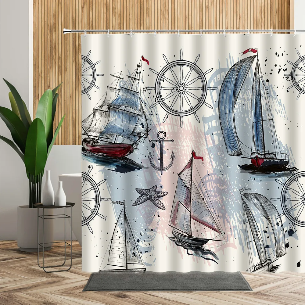 3D занавеска для душа в скандинавском стиле ручная роспись компас парусник