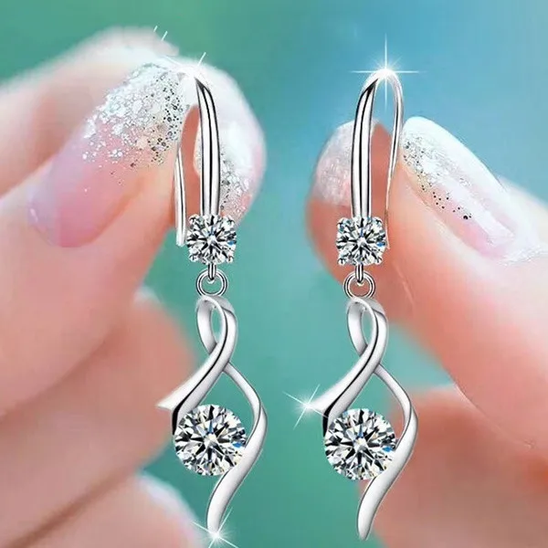 

Silver Color earrings new women's fashion jewelry earrings blue crystal zircon heart-shaped hollow long tassel hook earrings