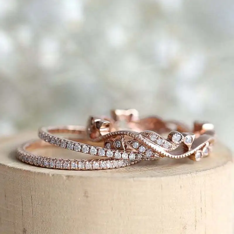 New Women's Size 5-12 Rose Gold Ring Creative Hollow Micro inlaid Crystal CZ 3-piece set Fashion Glamour Jewelry Wholesale | Украшения