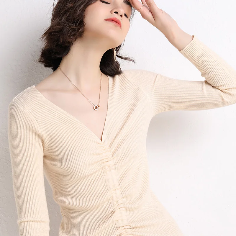 2019 New Women's Fashion V-Neck Sexy Sweater Slim Knit Base Coat Winter Clothes Women | Женская одежда