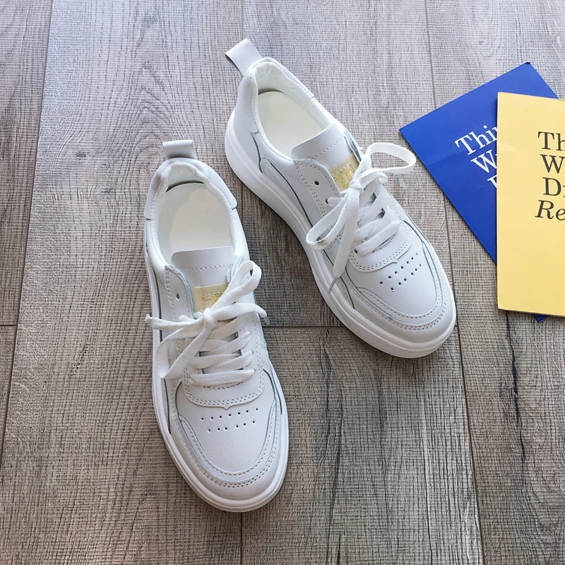 

ELLALEE Women Casual Sneakers PU Leather White Lace-Up Vulcanize Shoes Spring Female Comfort Fashion Walking Shoes