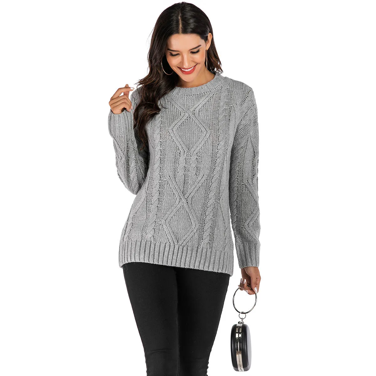 Женский вязаный свитер Свободный пуловер с круглым вырезом трикотажный