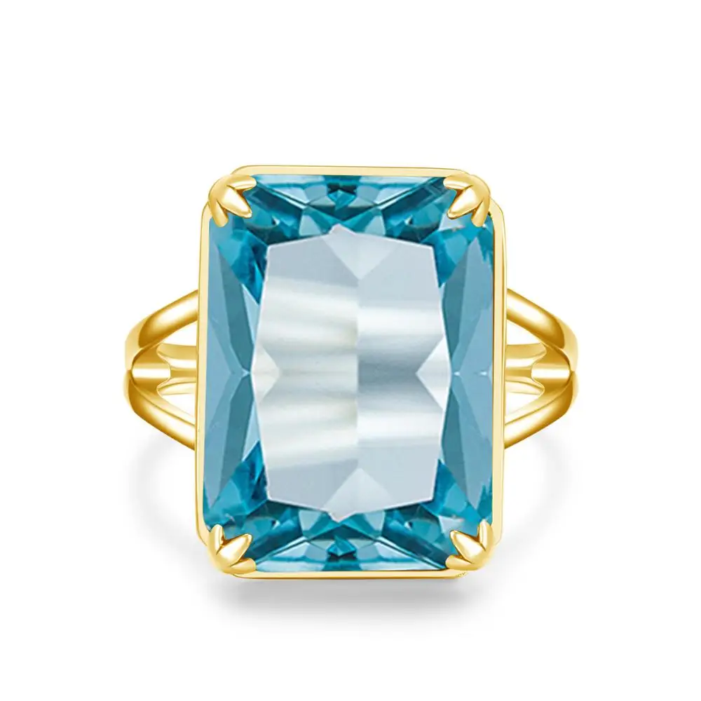 100% Genuine Silver 925 Rings With 14K Gold Ring Sky Blue Aquamarine Handmade Carve Rectangle Gemstone Fine Jewelry For Women | Украшения и