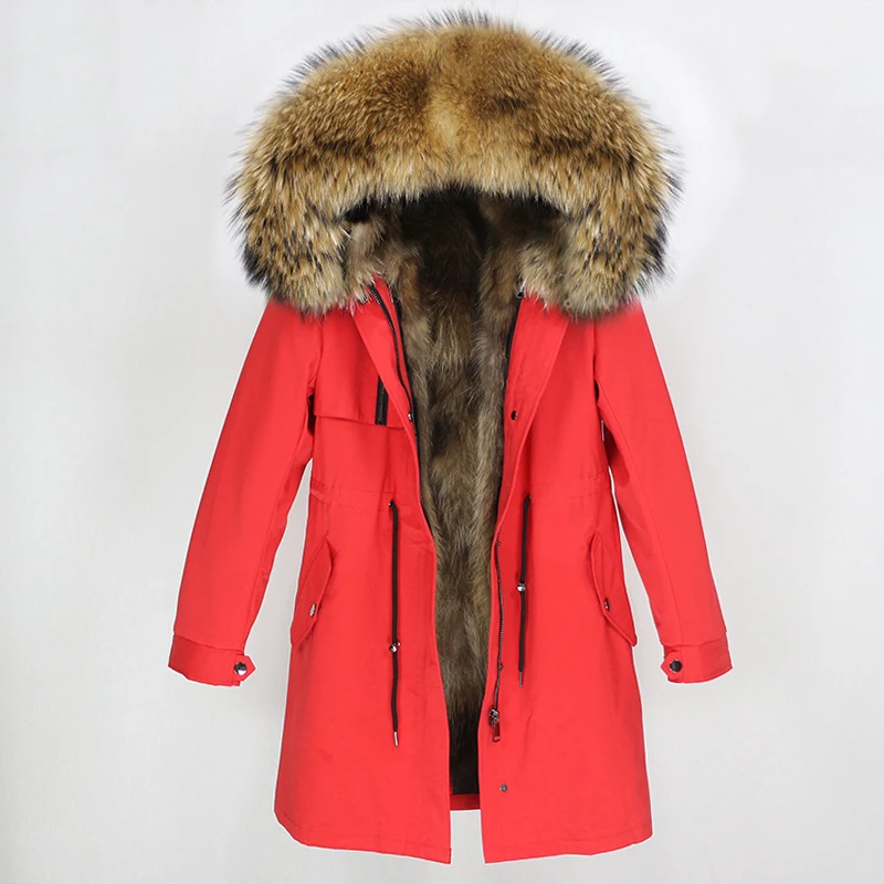 red natural OFTBUY, водонепроницаемая парка, пальто из натурального меха, зимняя куртка для женщин, натуральный мех енота, меховой воротник, Лисий мех, подкладка, теплая Толстая Уличная верхняя одежда - Цвет: red natural