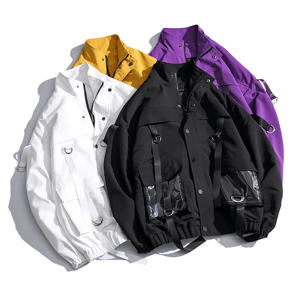 

Men Autumn Jacket 2021 Oversize Hip Hop Streetwear Military Coat Ribbons Transparent Pockets Black Tooling Techwear Windbreaker