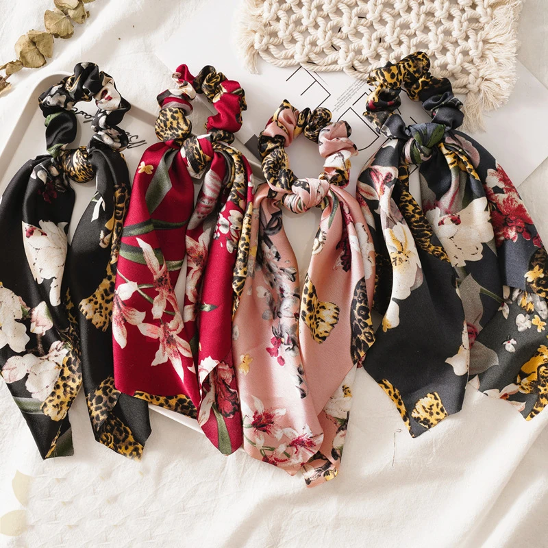 

1PC Floral Print Scrunchies for Women Elastic Hair Bands streamers Silk Bow Ponytail Scarf Hair Rope Ties Girls Hair accessories
