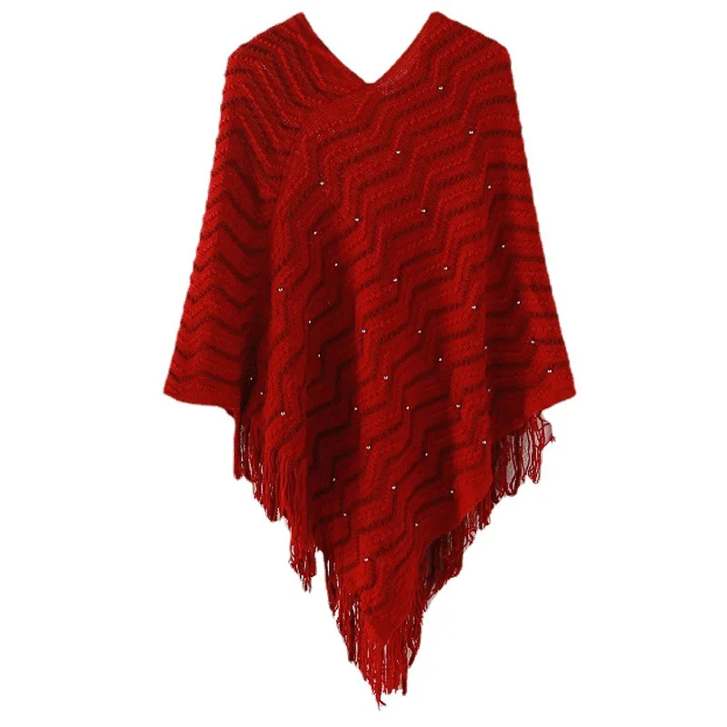 

Knit Shawl Wrap for Women Solid Waves Sequined Sweaters Ladies Fringe Knitted Poncho Cardigan Cape