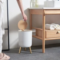 fashion high foot imitation wood grain dustbin round desktop with cover press trash can living room toilet kitchen nordic style