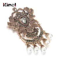 kinel 2020 fashion vintage gray crystal flower women brooch drop pearl turkish ethnic banquet jewelry hijab caftan accessories